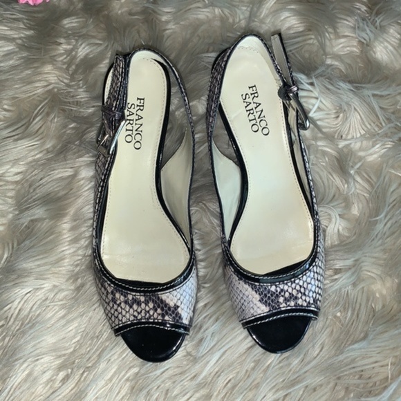 Franco Sarto Peep Toe Slingback Shoes Black and Grey Snakeskin Woman’s Size 7.5M - Picture 15 of 16